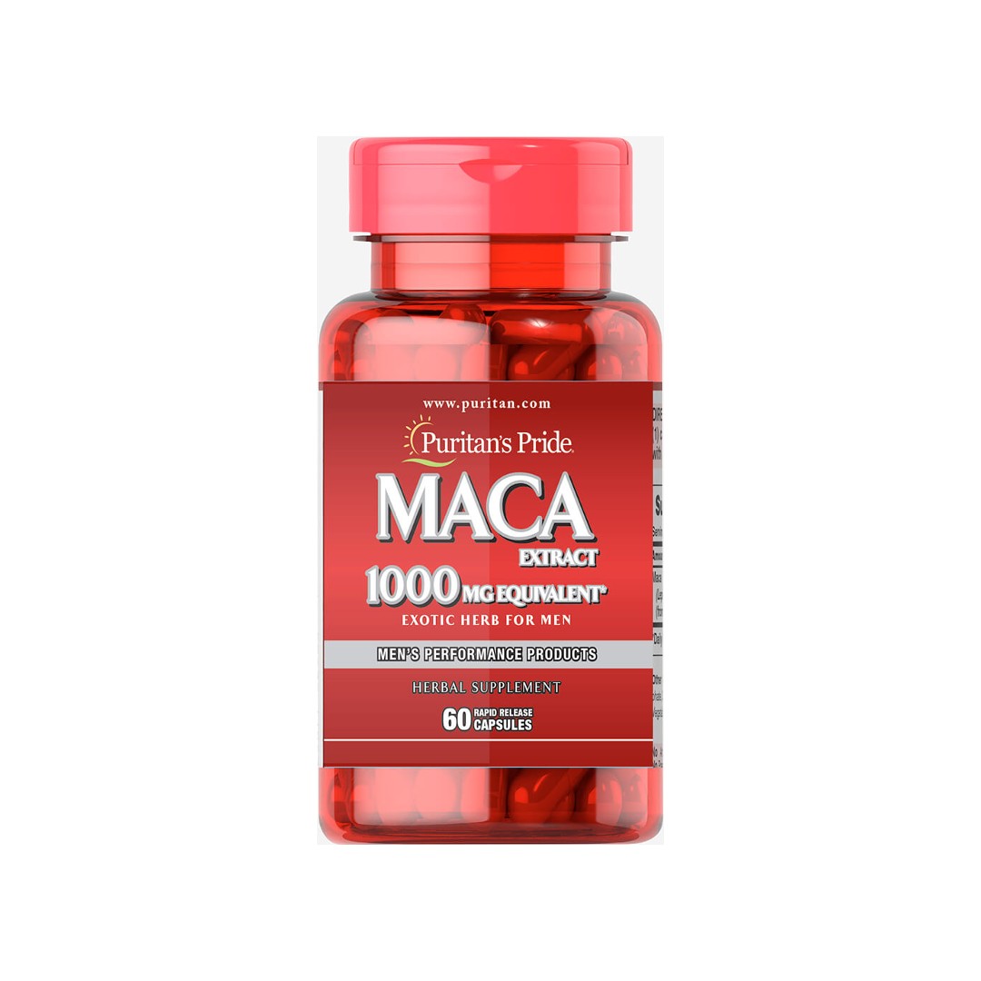 A bottle of Puritan's Pride Maca 1000 mg 60 Rapid Release Capsules.