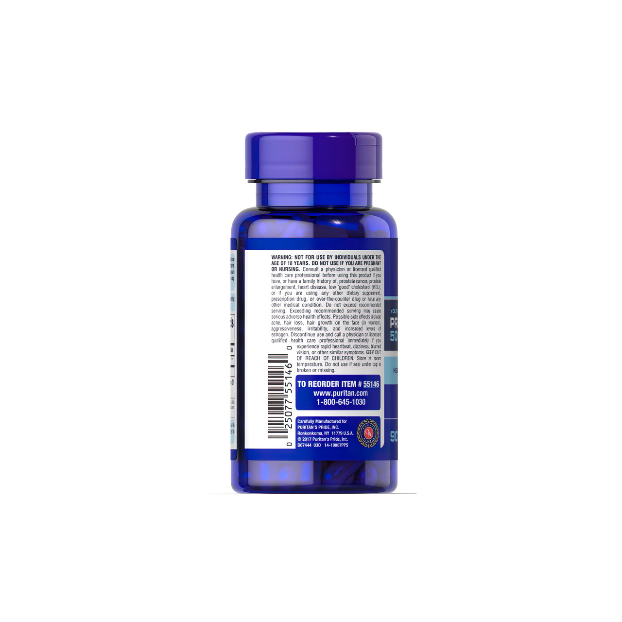 The back of a blue bottle with a label on it featuring the keywords "healthy aging" and "aging regimen" is the Pregnenolone 50 mg 90 Rapid Release Capsules from Puritan's Pride.