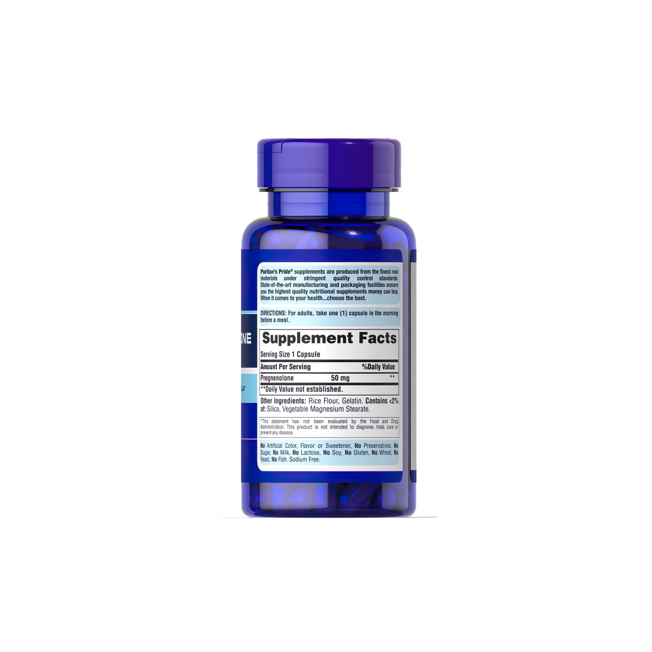 A bottle of Puritan's Pride Pregnenolone 50 mg 90 Rapid Release Capsules for a healthy aging regimen on a white background.