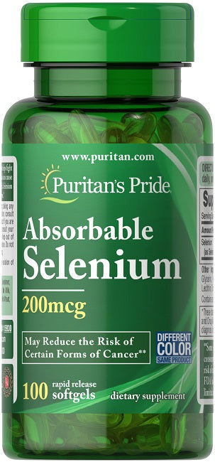A bottle of Puritan's Pride Absorbable Selenium 200 mcg 100 Rapid Release Softgels.