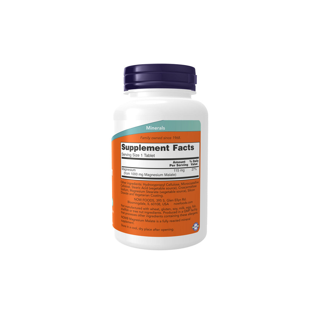 A bottle of Now Foods Magnesium Malate 1000 mg 180 tablets supplement on a white background.