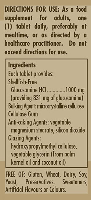 A label for Solgar's Glucosamine hydrochloride 1000 mg 60 tablets that contains a list of ingredients.