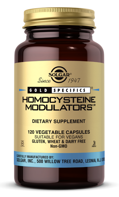 A bottle of Solgar's Homocysteine Modulators 120 Vegetable Capsules.