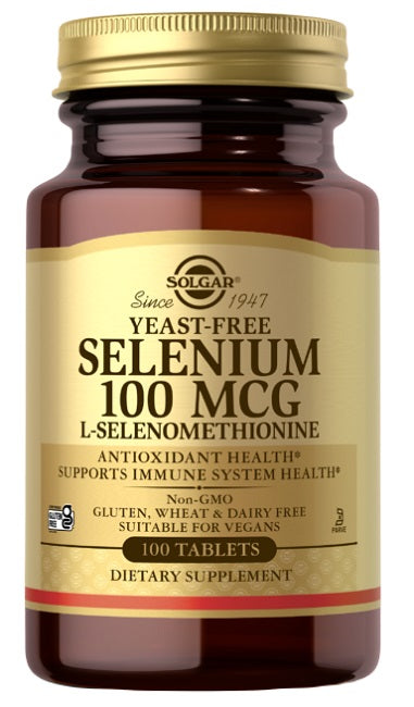 A bottle of Solgar Selenium 100 mcg 100 tablets L-Selenomethionine, which acts as an antioxidant for immune system function and helps combat stress.