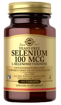 Thumbnail for A bottle of Solgar Selenium 100 mcg 100 tablets L-Selenomethionine, which acts as an antioxidant for immune system function and helps combat stress.