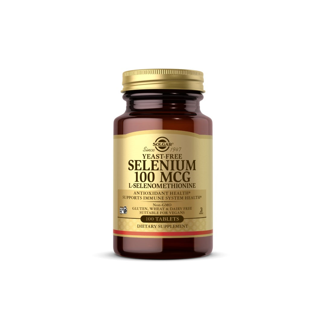 A bottle of Solgar Selenium 100 mcg 100 tablets L-Selenomethionine, an immune system-boosting antioxidant.