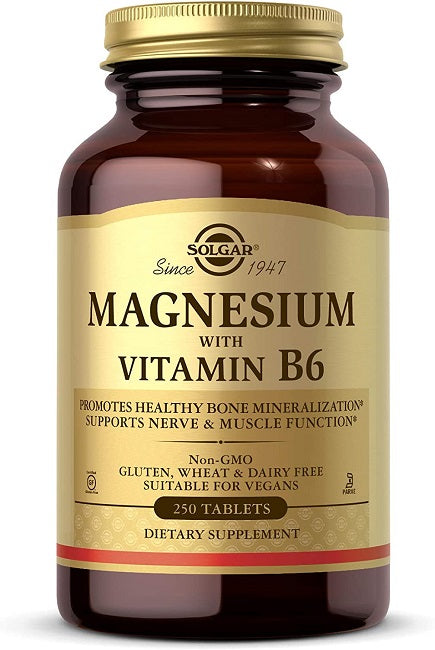A bottle of Solgar Magnesium with Vitamin B6 250 Tablets.