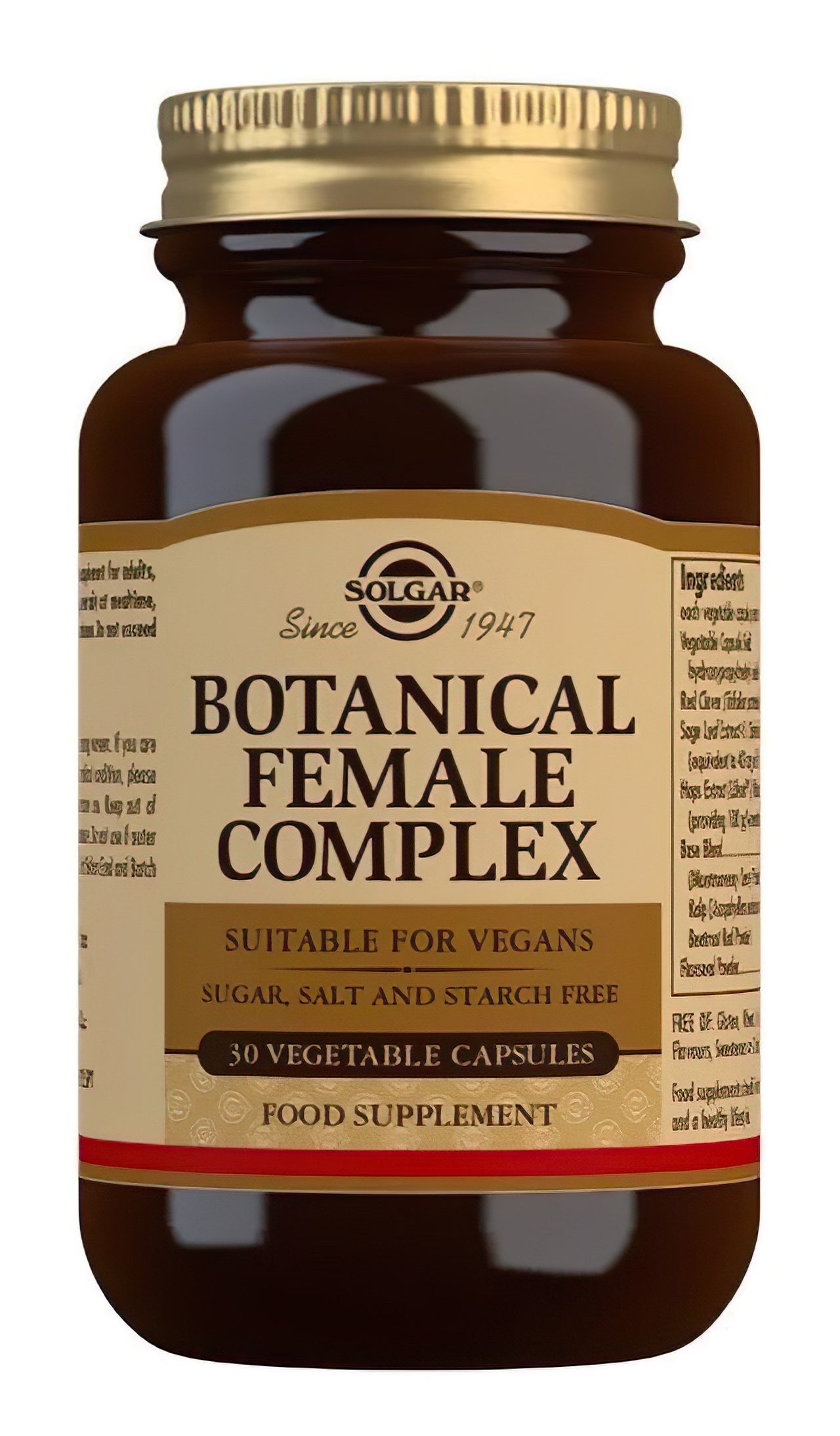 A brown bottle labeled "Solgar Botanical Complex for Women," designed to provide menopause support with estrogenic effects, is suitable for vegans and free from sugar, salt, and starch. It contains 30 vegetable capsules.