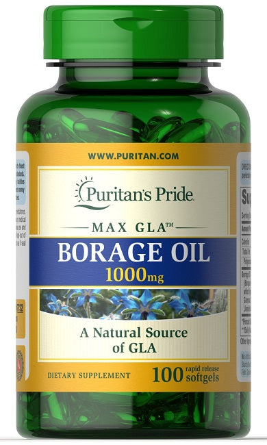 Puritan's Pride Borage Oil 1000 mg 100 Rapid Release Softgels, a dietary supplement.