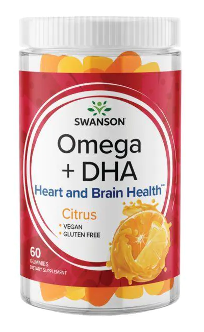 Swanson Omega Plus DHA 60 gummies - Citrus offer essential fatty acids for a healthier heart, brain, and overall well-being. These gummies support cholesterol and triglyceride levels.