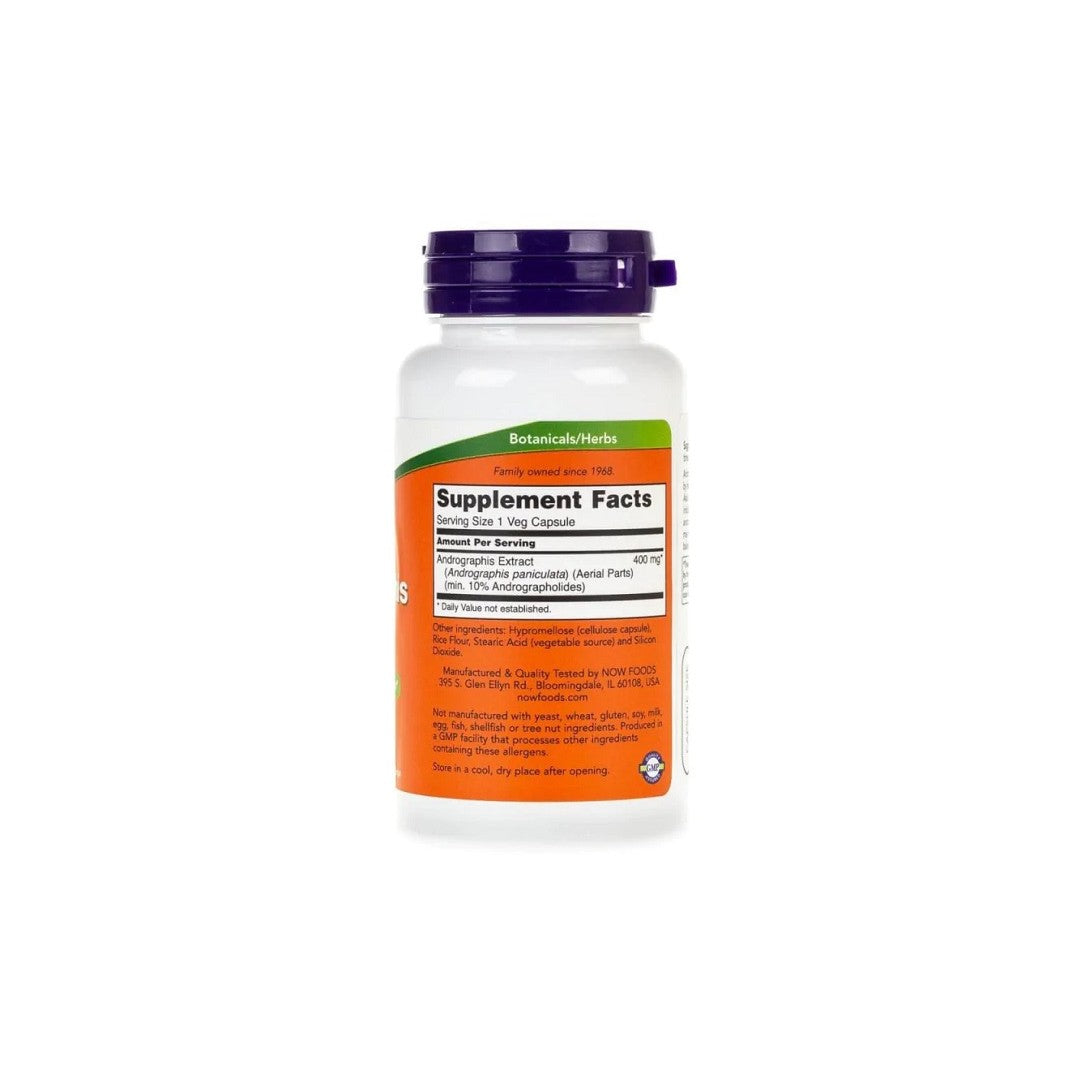 A bottle of Now Foods' Andrographis Extract 400 mg 90 Vegetable Capsules with health-promoting properties on a white background.