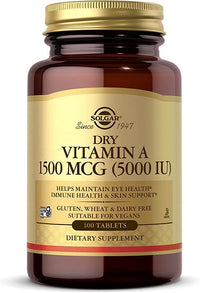 Thumbnail for Solgar's Vitamin A 1500 mcg (5000 IU) 100 Tablets is a crucial supplement that supports immune health and promotes optimal vision and skin health. With a dosage of 5000 mcg and 6000 IU, this Solgar vitamin A supplement effectively enhances.