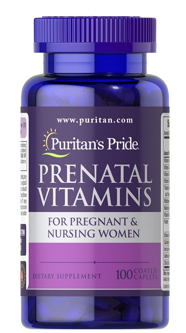 Puritan's Pride Prenatal Vitamins 100 Coated Caplets designed for pregnant and lactating women, enriched with folic acid.