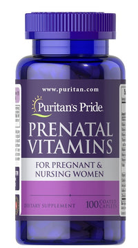 Thumbnail for Puritan's Pride Prenatal Vitamins 100 Coated Caplets designed for pregnant and lactating women, enriched with folic acid.