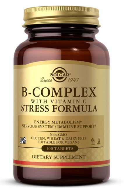 Solgar B-Complex with Vitamin C 100 Tablets, a stress formula and dietary supplement.