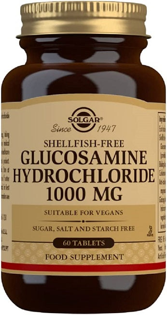 A jar of Solgar's Glucosamine hydrochloride 1000 mg 60 tablets.