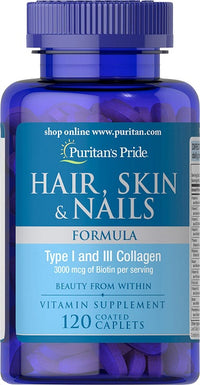 Thumbnail for A bottle of Puritan's Pride Hair, Skin & Nails Formula 120 Coated Caplets.