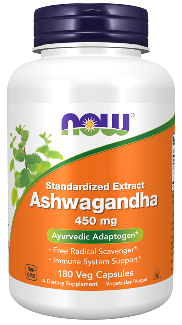 A bottle of Now Foods Ashwagandha Extract 450 mg 180 Vegetable Capsules.