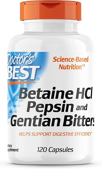 Doctor's Best Betaine HCL Pepsin & Gentian Bitters, a dietary supplement in 120 capsules.