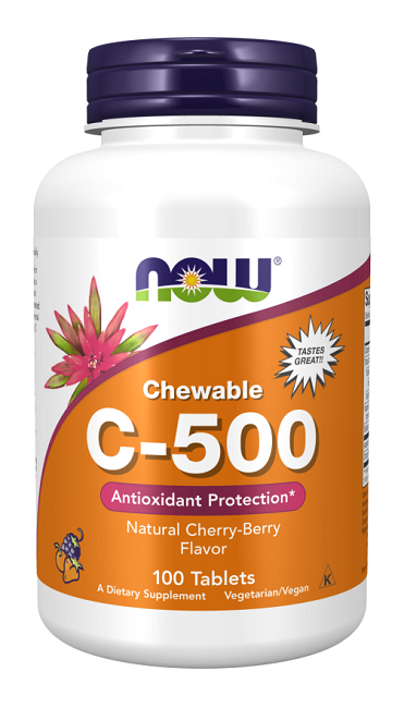 Now Foods Vitamin C 500 mg 100 Chewable Tablets Cherry flavor offers immune system support and antioxidant benefits with its high potency vitamin C formula.