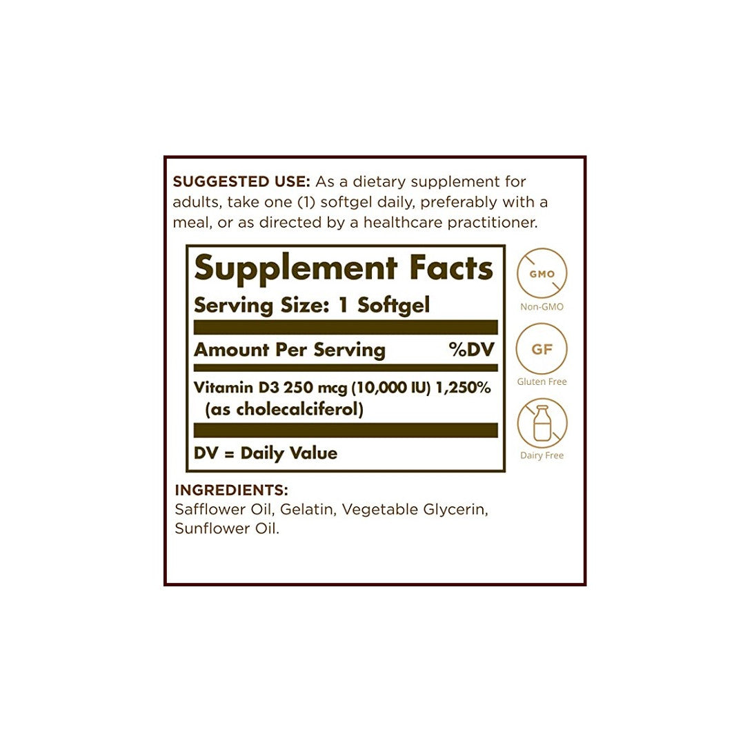 A label showing the contents of Solgar's Vitamin D3 (Cholecalciferol) 250 mcg (10,000 IU) 120 Softgels, promoting a healthy immune system and maintaining strong bones and teeth.
