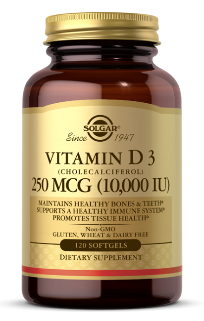 Vitamin D3 (Cholecalciferol) 250 mcg (10,000 IU) 120 Softgels from Solgar is essential for maintaining healthy bones and teeth, as well as supporting a strong immune system. With a dosage range of 250mg to 1000mg, this supplement provides the.