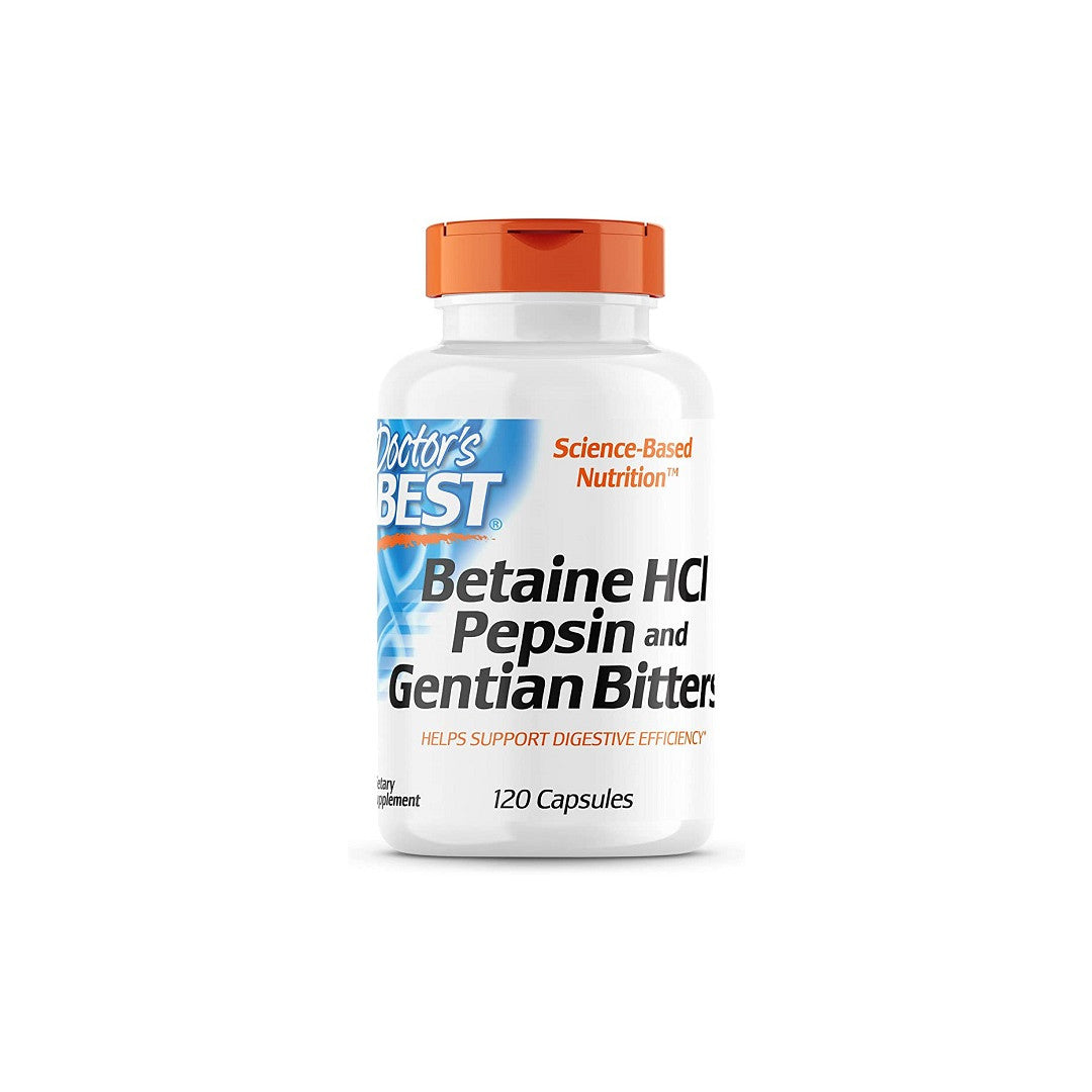 Doctor's Best Betaine HCL Pepsin & Gentian Bitters, a dietary supplement in 120 capsule form.
