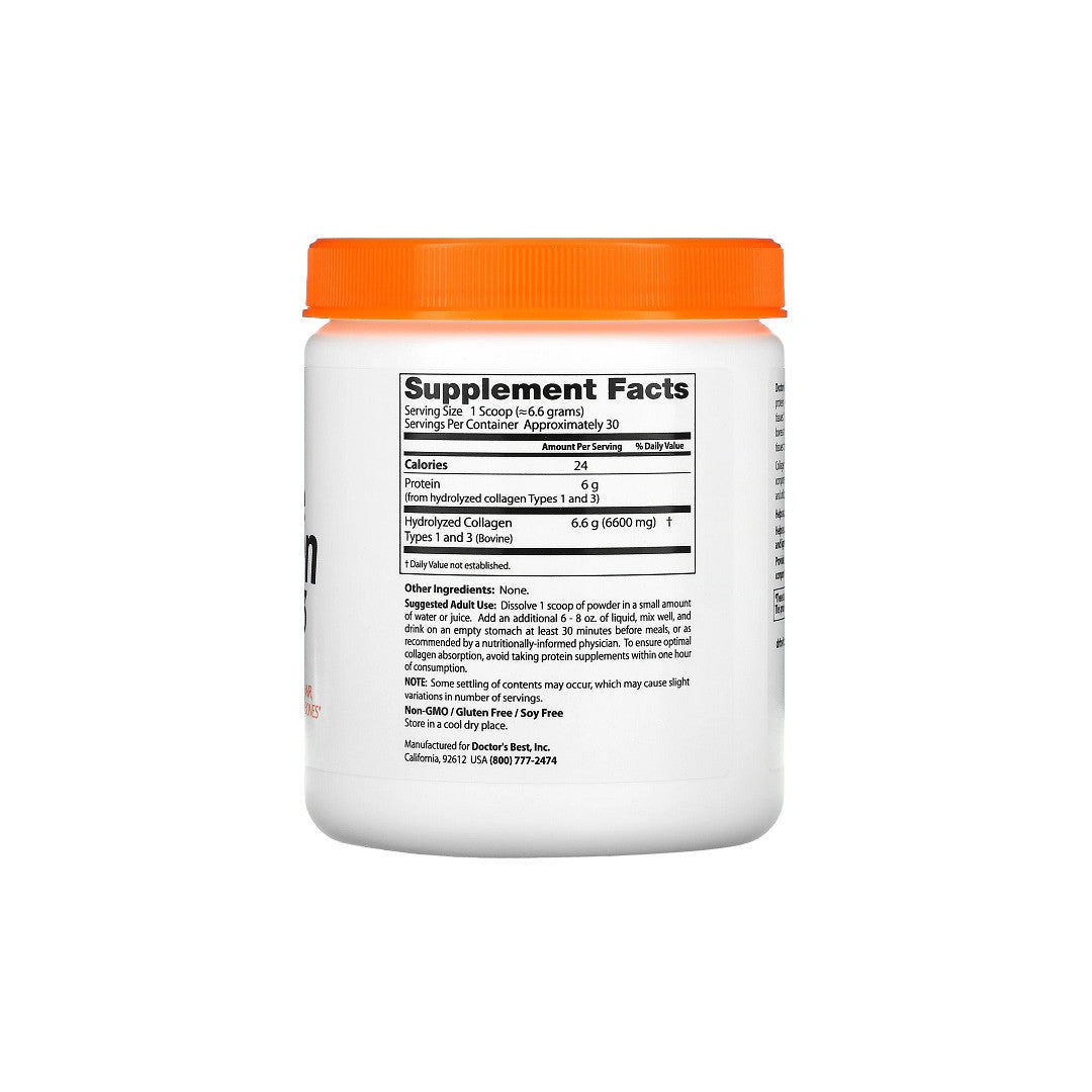 A jar of Doctor's Best Pure Collagen Types 1 and 3 Powder 200 g on a white background.
