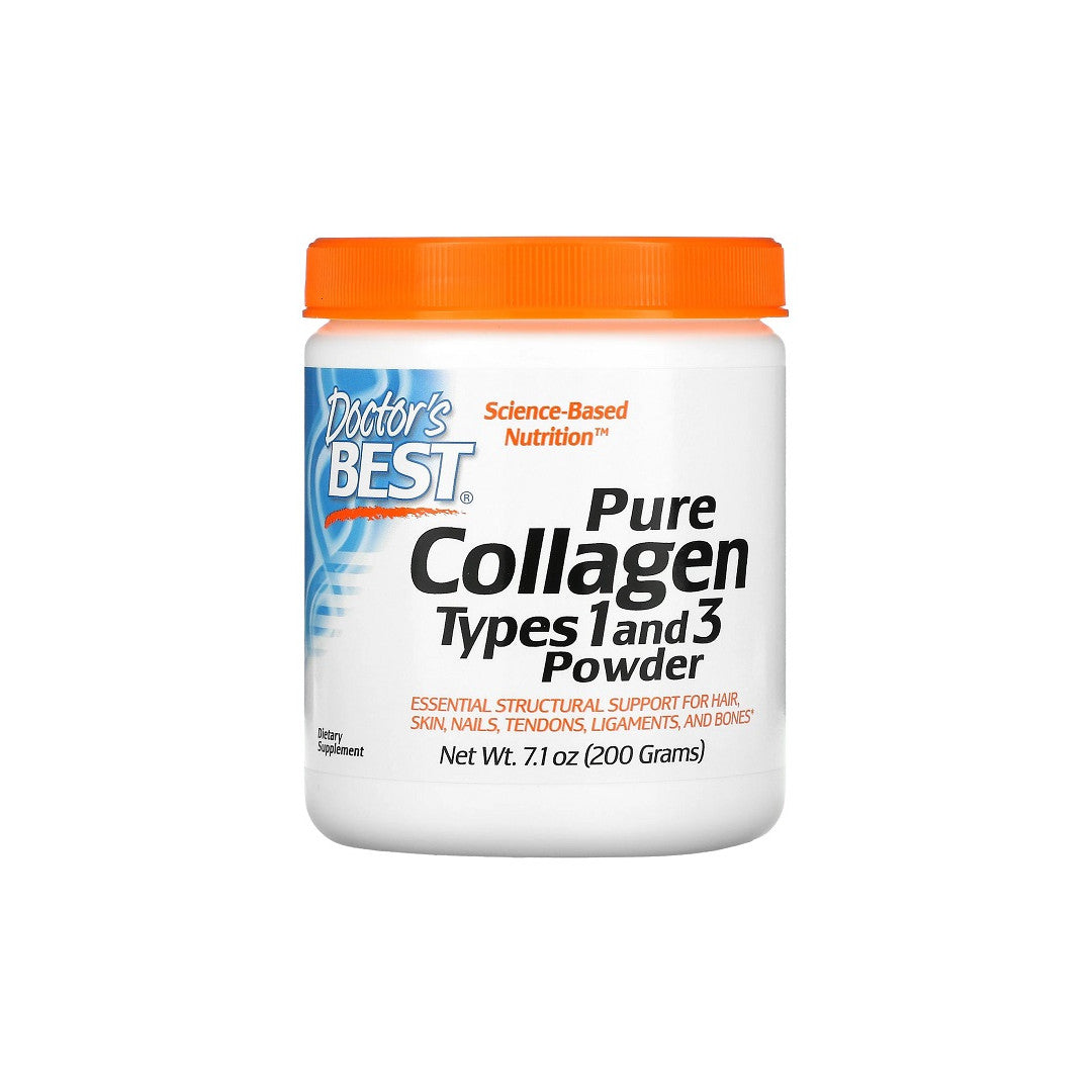 An important bottle of Doctor's Best Pure Collagen Types 1 and 3 Powder 200 g for joints.