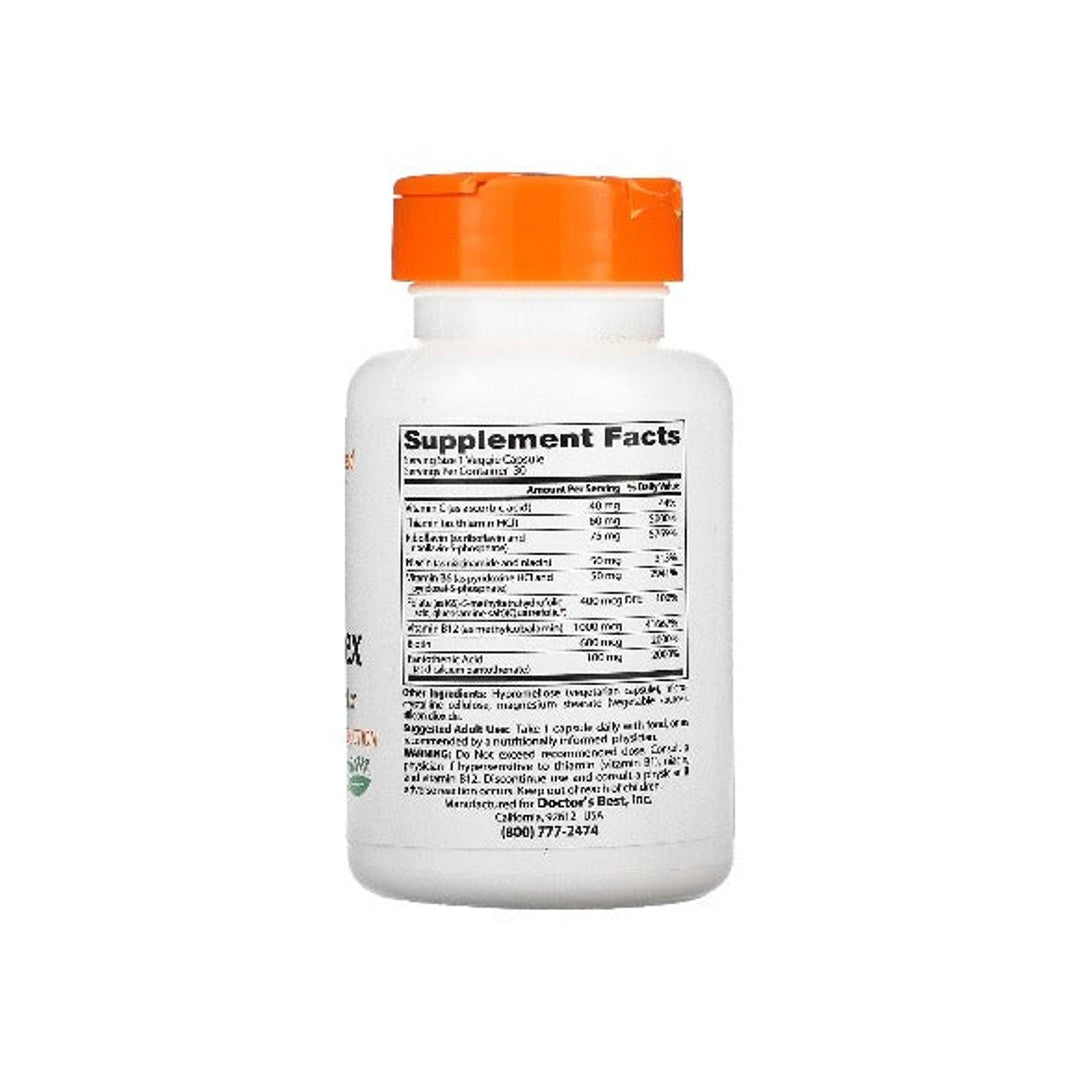 A bottle of Doctor's Best Vitamin B Complex 30 vege capsules Fully Active, providing metabolism support, on a white background.