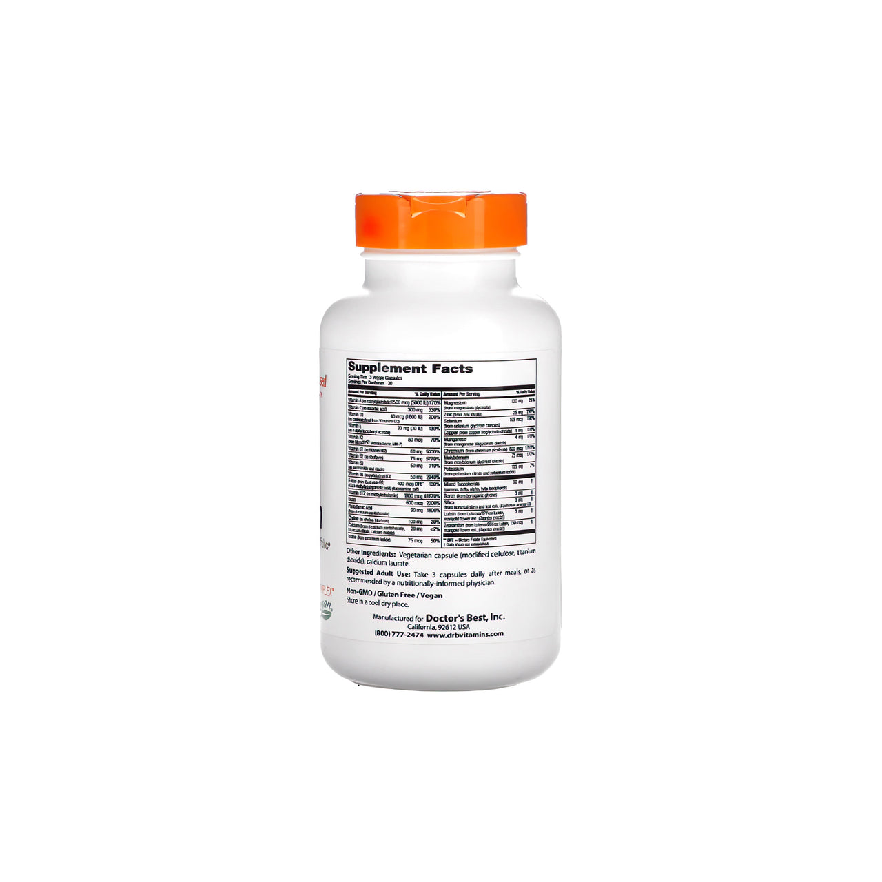 A bottle of Doctor's Best Multivitamin 90 vege capsules with minerals on a white background, promoting a healthy immune system.