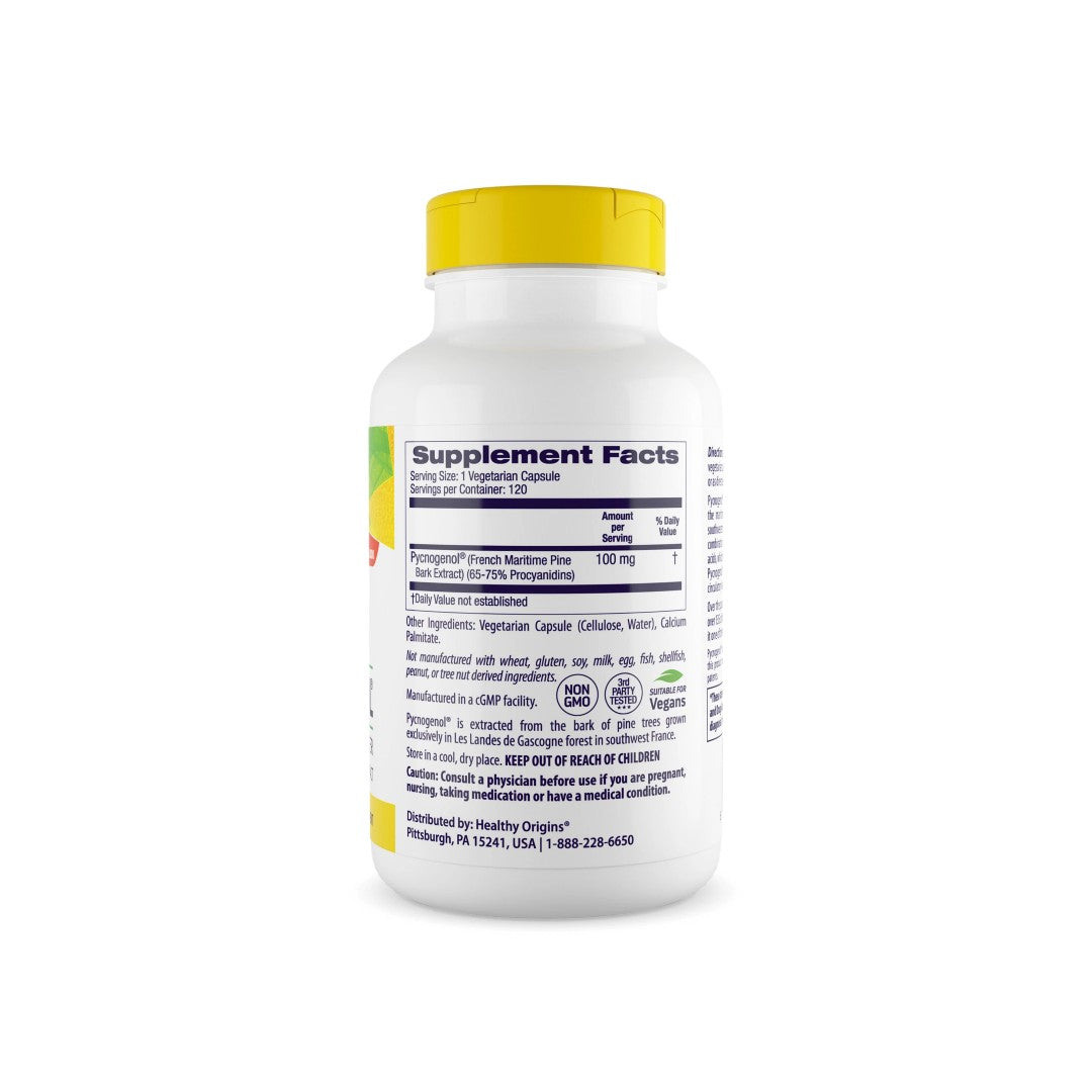 A bottle of Healthy Origins Pycnogenol 100 mg 120 vege capsules, rich in antioxidant vitamin C, promoting cardiovascular health, displayed on a white background.