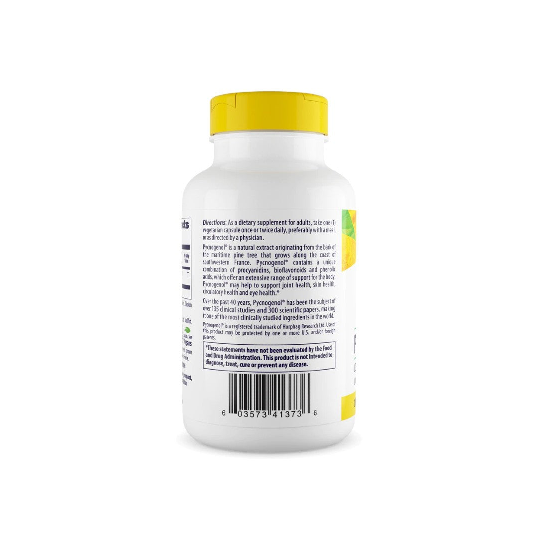 A bottle of Pycnogenol 100 mg 120 vege capsules by Healthy Origins with sea pine bark extract on a white background.