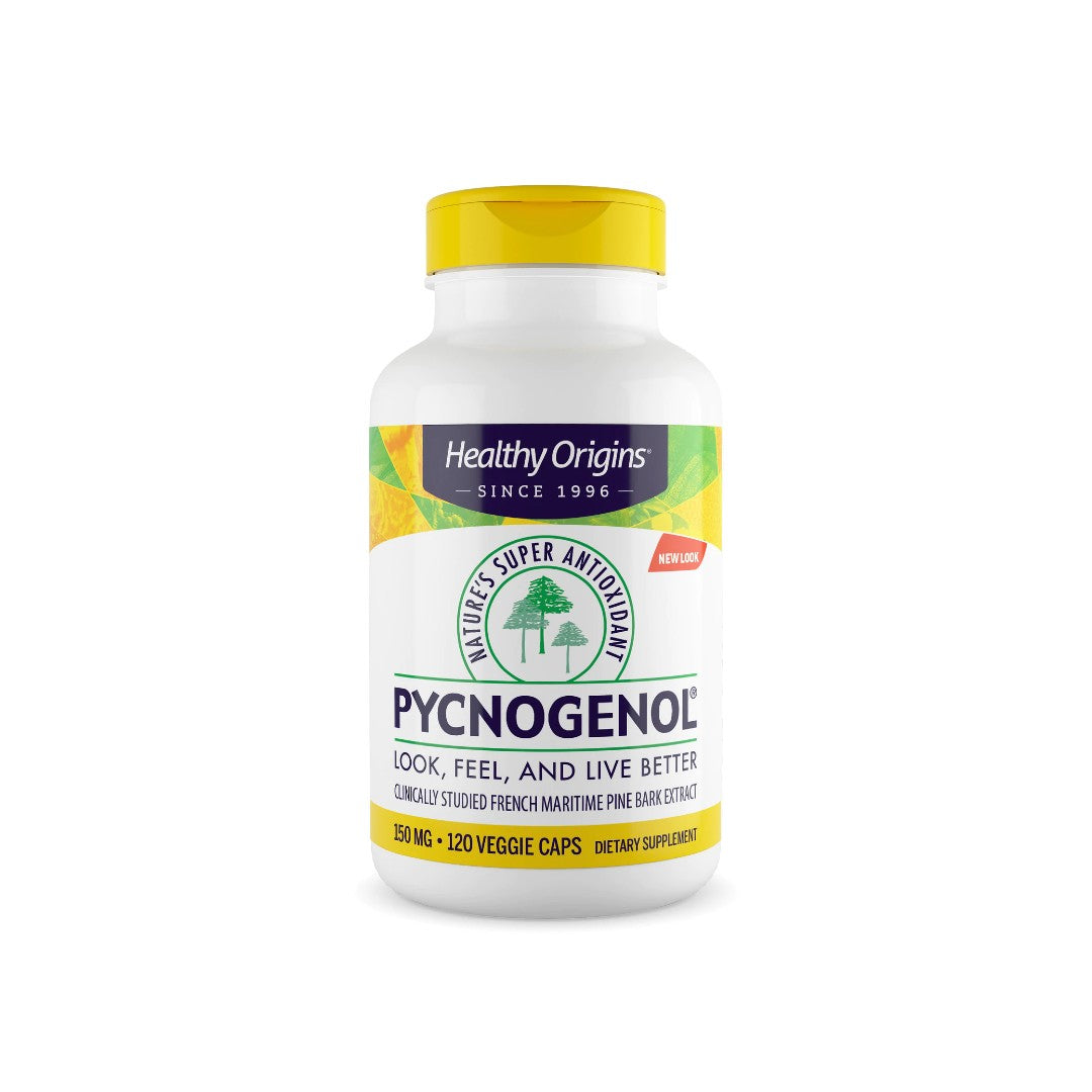 This dietary supplement contains 60 capsules of Healthy Origins Pycnogenol 150 mg 120 vege capsules, known for its antioxidant properties and positive impact on cardiovascular health.
