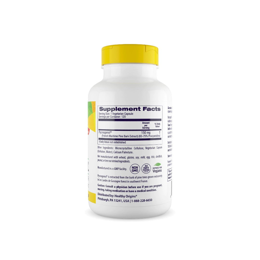 A bottle of Pycnogenol 150 mg 120 vege capsules dietary supplement by Healthy Origins on a white background, promoting cardiovascular health.