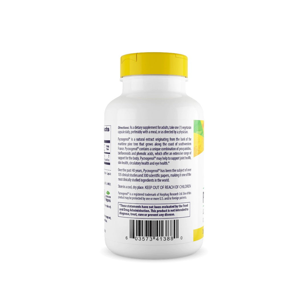 A bottle of Healthy Origins' Pycnogenol 150 mg 120 vege capsules on a white background.