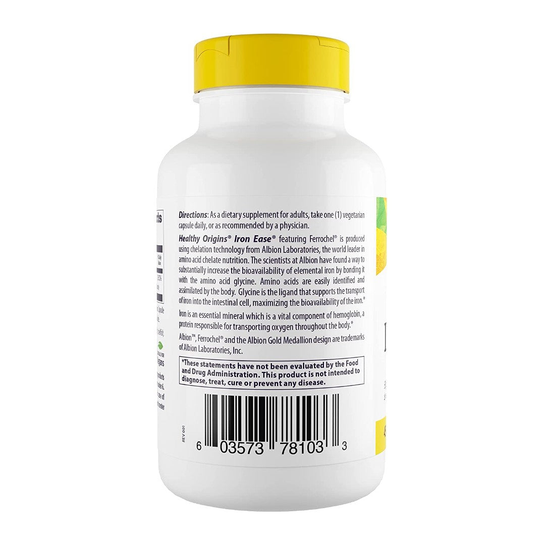 A bottle of Iron Ease 45 mg 180 vege capsules by Healthy Origins on a white background.