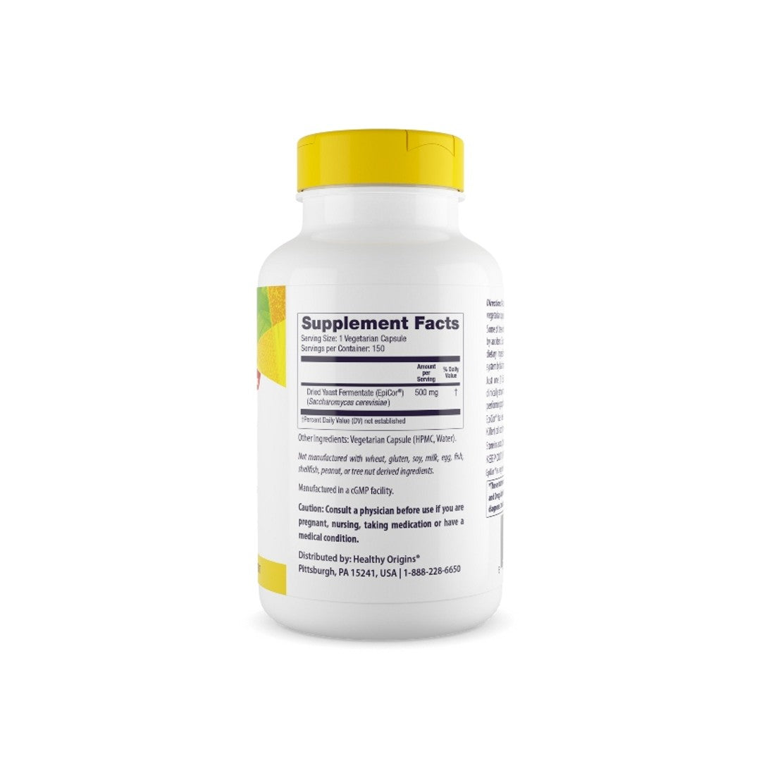 A bottle of Healthy Origins Epicor 500 mg 150 vege capsules on a white background.