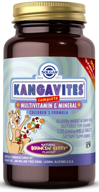 A bottle of Solgar's Kangavites Multivitamin & Mineral 120 Chewable Tablets - Bouncin' Berry Flavor.