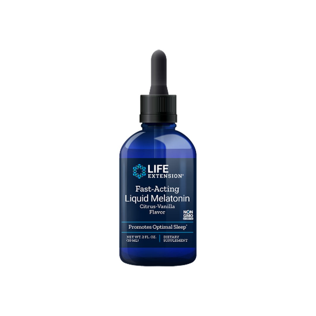 A bottle of Life Extension's Fast-Acting Liquid Melatonin (Citrus-Vanilla) 59 ml.