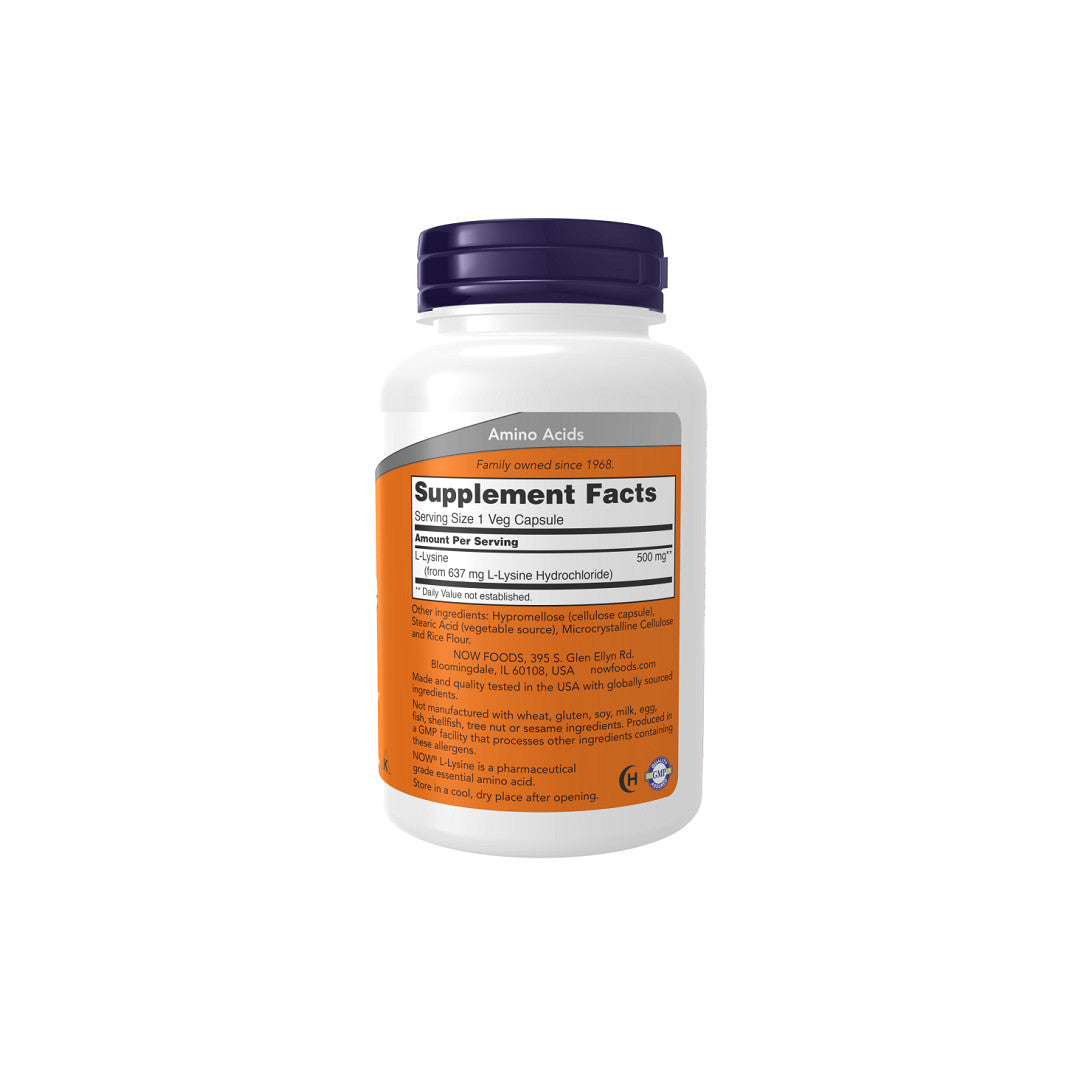 A bottle of Now Foods Lysine 500 mg 250 Veg Capsules on a white background.