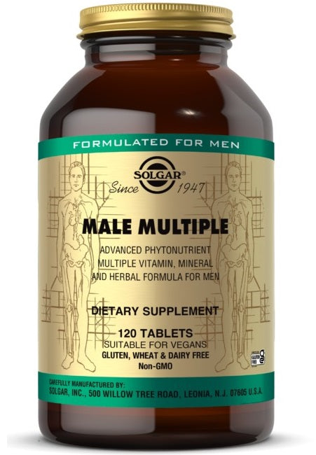 A bottle of Solgar Male Multiple Multivitamins & Minerals for Men 120 Tablets.