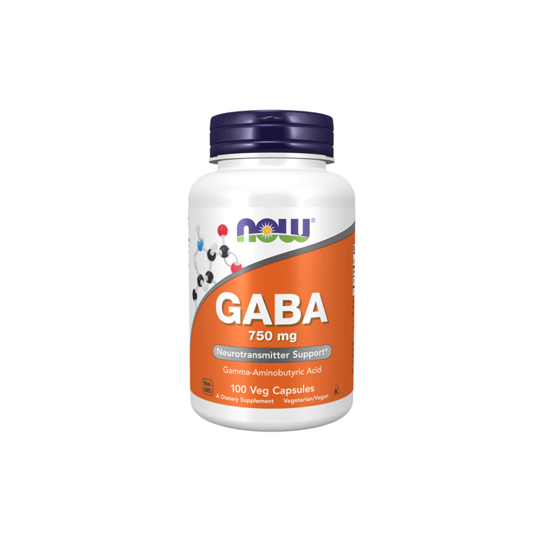 A bottle of Now Foods GABA 750 mg 100 vegetable capsules.