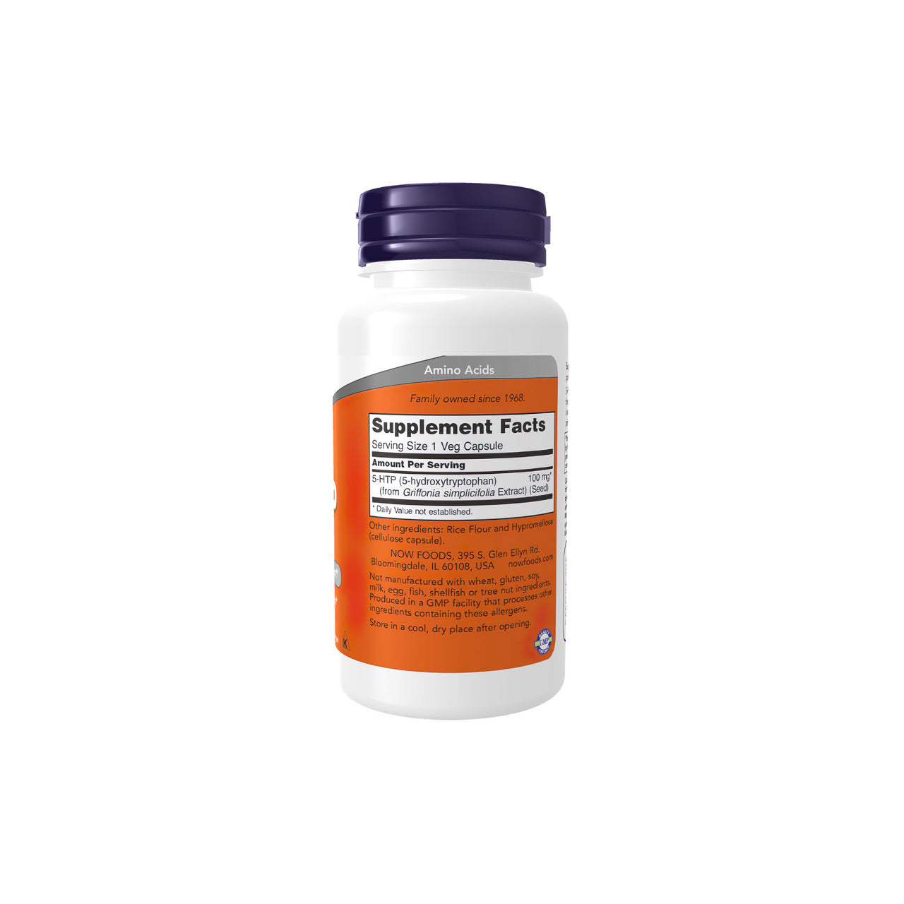 A bottle of Now Foods 5-htp 100mg 60 vege capsules on a white background.