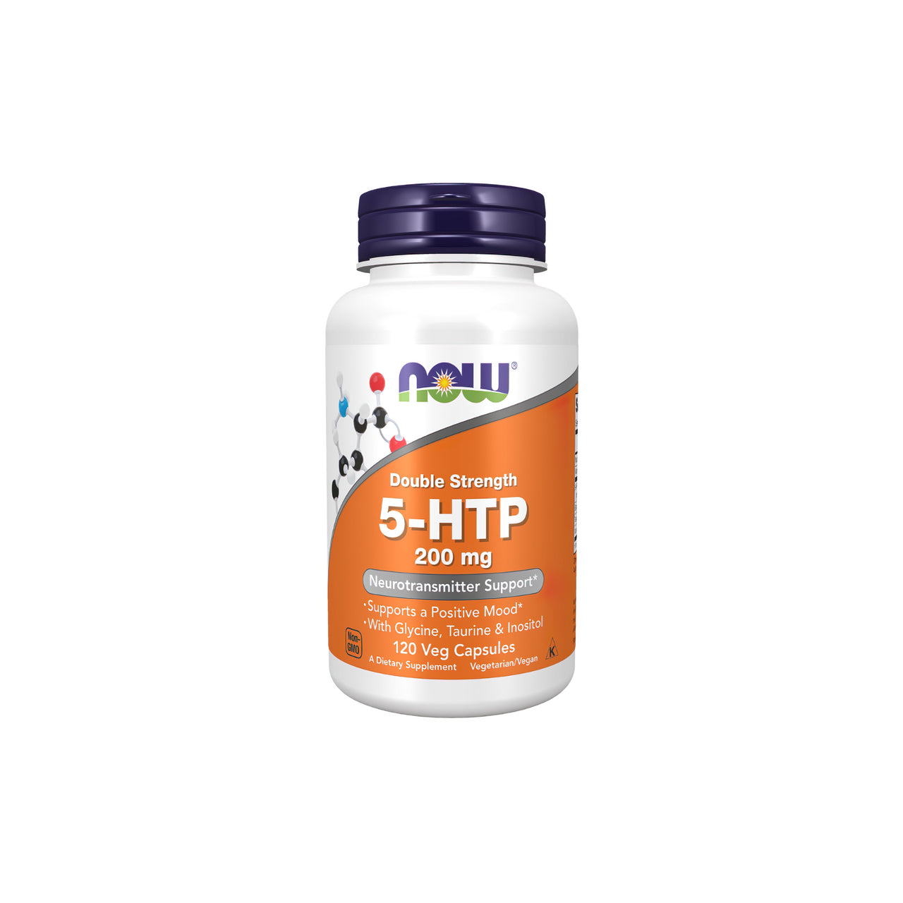 A bottle of 5-HTP 200mg 120 veg caps with orange, by Now Foods.