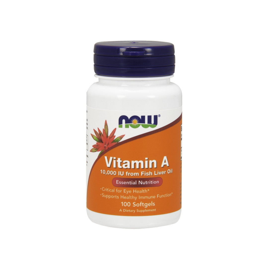 Now Foods Vitamin A 10000 IU 100 softgel provides antioxidant protection and is derived from cod liver oil.