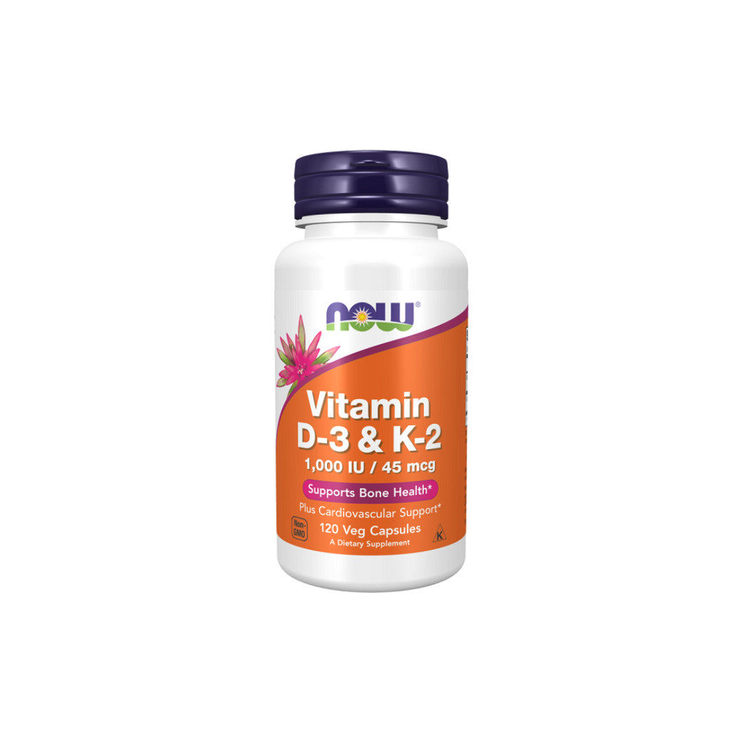 Now Foods Vitamins D3 1000 IU & K2 45 mcg 120 Veg Capsules is a supplement that promotes immune wellness and supports calcium absorption for optimal bone health.