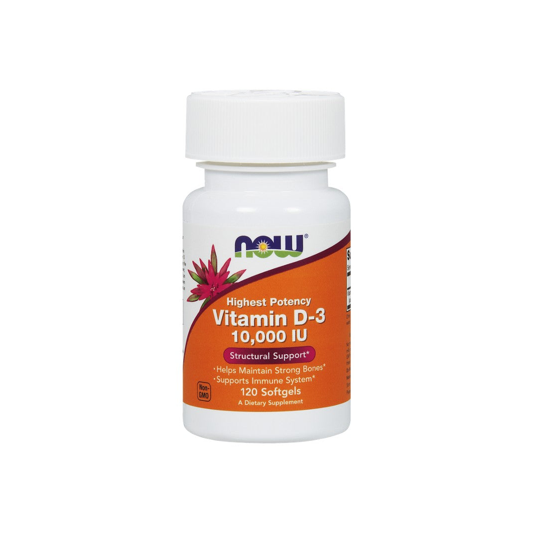 Now Foods Vitamin D3 10000 IU 120 softgel capsules promote calcium absorption and support immune function.