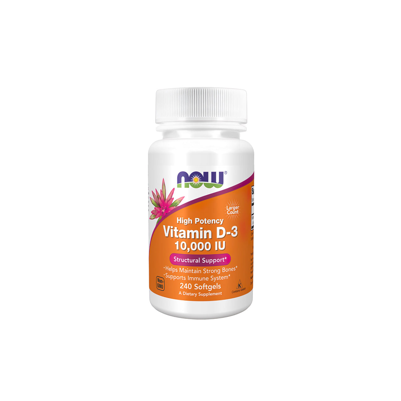 Now Foods Vitamin D3 10000 IU 240 softgel, essential for calcium absorption and promoting bone growth.