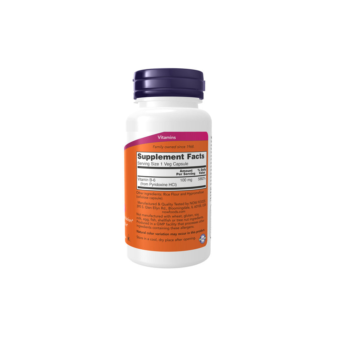 A bottle of Now Foods Vitamin B-6 Pyridoxine 100 mg 100 vegetable capsules, essential for energy metabolism and heart health, on a white background.
